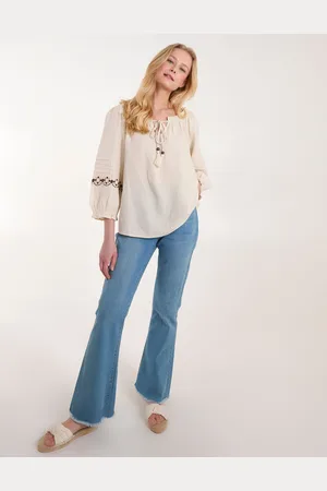 Blue Vanilla Womens Embroidered Pleat Sleeve Top - Cotton - Size Medium