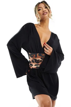 ASOS Womens long sleeve flippy wrap mini dress with leopard print belt in black-Multi - - Size X-Small