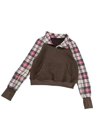 Azura Exchange Womens Printed Plaid Sleeve Patchwork Collared Textured Sweatshirt - Size Small