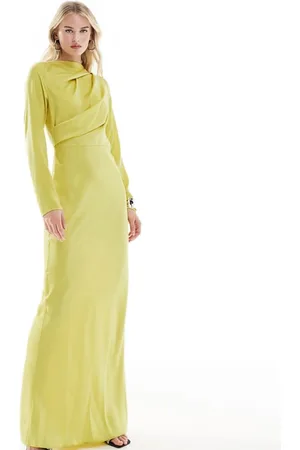 ASOS Womens DESIGN satin maxi dress with drape bodice detail in chartreuse-Green - - Size 4 UK