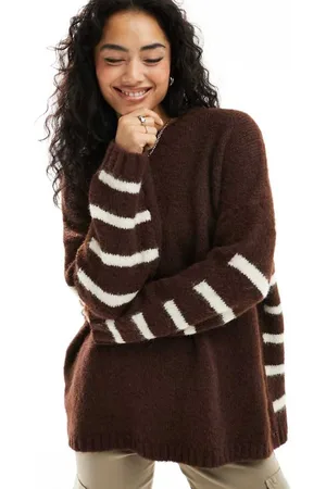 ASOS Womens crew neck jumper with stripe back detail in brown and cream - - Size Small