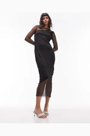 Topshop Womens sheer and solid crinkle mix midi dress in - Size X-Small
