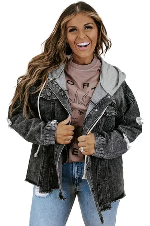 Azura Exchange Womens Drawstring Hooded Frayed Denim Jacket - Cotton - Size X-Large