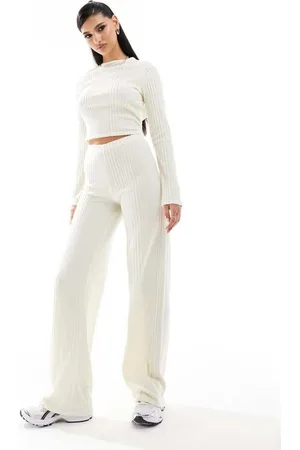 Missyempire Womens ribbed wide leg trousers co-ord in -White - Size 12 UK