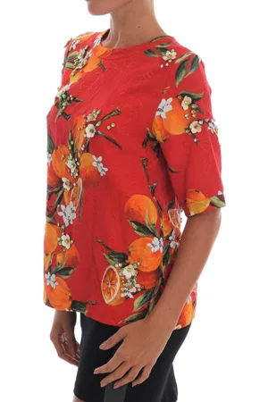 Dolce & Gabbana WoMens Orange Print Crystal-Embellished Blouse - Cotton - Size EU 36 (Womens)
