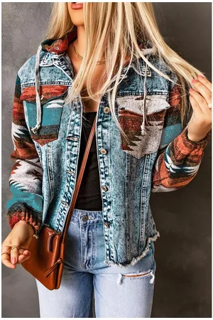 Azura Exchange Womens Aztec Print Frayed Hem Denim Jacket - Cotton - Size Medium