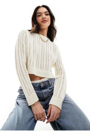 ASOS Womens crew neck crop jumper in open stitch in -White - Size Large