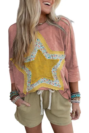 Azura Exchange Womens Tan Floral Starbust Exposed Seam Mineral Wash Top Cotton - Size Medium