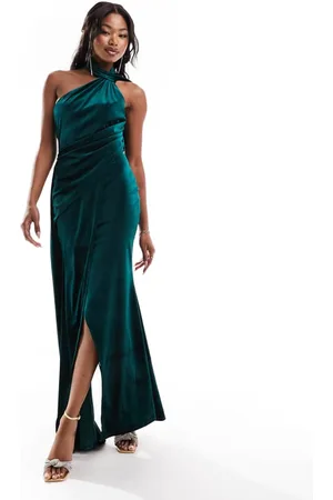ASOS Womens velvet one shoulder draped maxi dress with tie detail in bottle green - - Size 16 UK