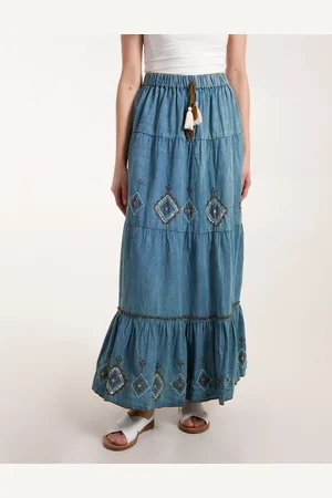 Blue Vanilla Womens Denim Embroidered Tiered Skirt - Size Small