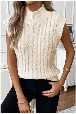 Azura Exchange Womens Oatmeal Cable Knit High Neck Sweater Vest - - Size Large