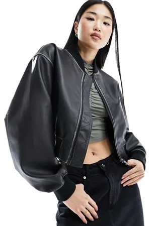ASOS Womens faux leather cropped bomber jacket in washed - Size 16 UK