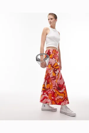 Topshop Womens orange floral print bias maxi skirt in multi - - Size 4 UK