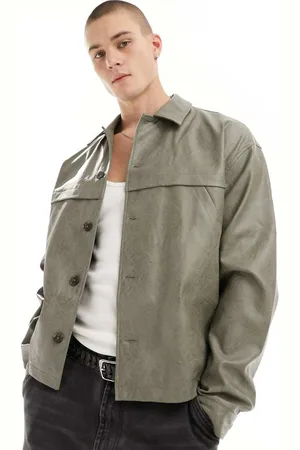 ASOS Mens oversized faux leather harrington jacket in khaki- - Size 2XS