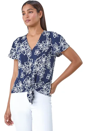 Roman Womens Textured Floral Print Tie Front Top - - Size 10 UK
