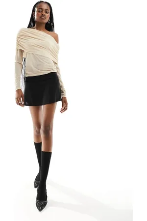 Motel Womens off shoulder fold over slinky long sleeve top in -Neutral - Size 2XS