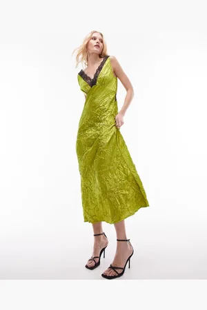 Topshop Womens midi lace insert slip dress in chartreuse-Green - - Size 8 UK
