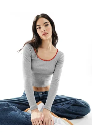ASOS Womens long sleeve top with red picot in - Size Large
