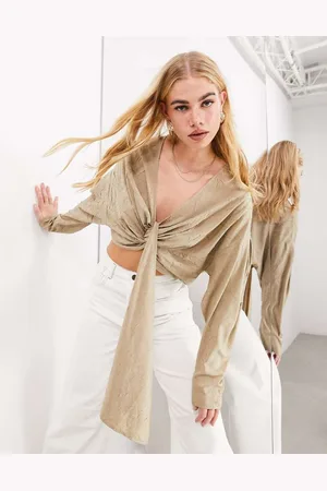 ASOS Womens textured effect long sleeve drape front cropped blouse in taupe-Neutral - - Size 6 UK