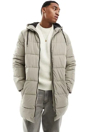 Only & Sons Mens longline hood puffer jacket in beige-Neutral - - Size 2XL