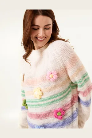 Blue Vanilla Womens Colourful 3D Flower Jumper With Stripes - - Size Medium/Large