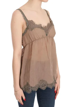 PINK MEMORIES WoMens Lace Spaghetti Strap Plunging Top Blouse Linen - Size EU 44 (Womens)