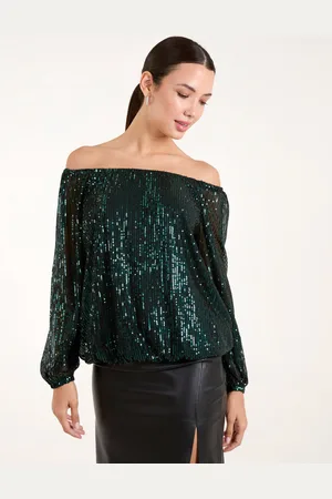 Blue Vanilla Womens Elastic Neck Puffball Sequin Top - - Size Small