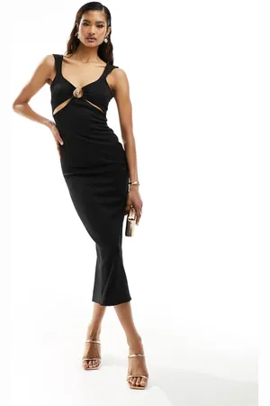 ASOS Womens square neck cami midi dress with oversize gold trim detail and high split in - Size 14 UK