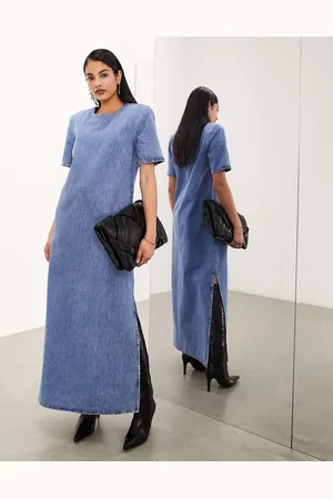 ASOS Womens denim shoulder pad midaxi dress in blue - - Size 4 UK