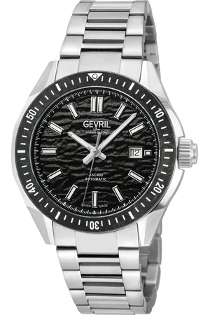 Gevril Mens Ascari Automatic Watch SS Case, Top ring in Black Forged Carbon, Stainless Steel Bracelet - - One Size