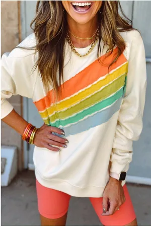 Azura Exchange Womens Apricot Rainbow Colorblock Striped Pullover Sweatshirt - - Size Medium