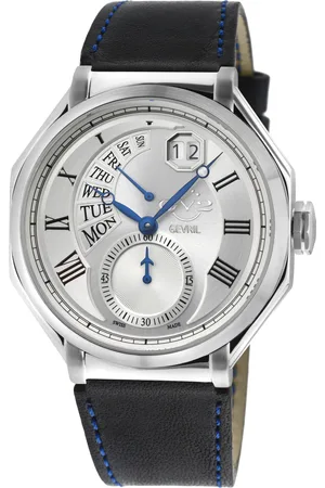 GV2 by Gevril Mens Marchese Stainless Steel Case, Silver Dial Watch, Genuine Handmade Italian Dark Blue Leather Strap - - One Size