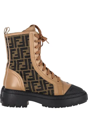 Fendi Pre-owned Womens Vitello FF Domino Combat Boots in Calf Leather and Canvas - Size 39.5 EU/IT