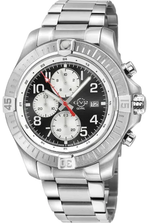 GV2 by Gevril Mens T38 SS Case, Enamel Black Dial with White print, 3 sub 316L Stainless Steel Bracelet Watch. - One Size