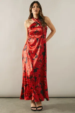 wallis Womens Printed Satin Halterneck Maxi Dress - material_polyester - Size 8 UK