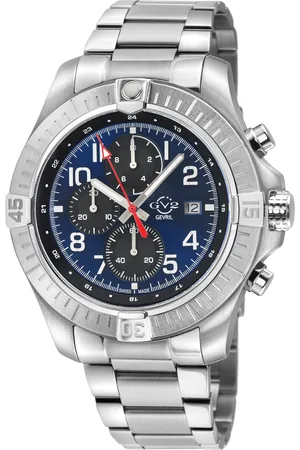 GV2 by Gevril Mens T38 SS Case, Enamel Blue Dial with White print, 3 Black sub 316L Staineless Steel Bracelet Watch. - - One Size