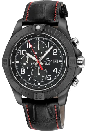 GV2 by Gevril Mens T38 IPBLK Case, Enamel Dial with White print, 3 sub /Red stitching Handmade Italian Leather Strap. - One Size