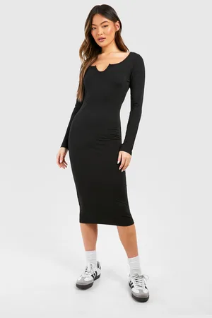 Boohoo Womens Notch Neck Long Sleeve Jersey Midi Dress - Cotton - Size 14 UK