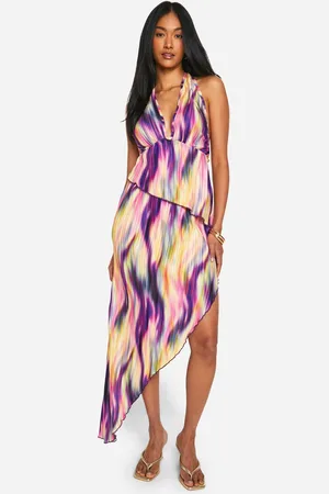 Boohoo Womens Tie Dye Plisse Asymmetric Maxi Skirt - - Size 16 UK