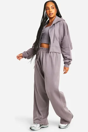 Boohoo Womens Plus Deep Hem Crop Top 3 Piece Hooded Tracksuit - Cotton - Size 26 UK
