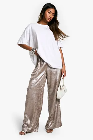 Boohoo Womens Metallic Diamante Satin Wide Leg Trousers - - Size 10 UK