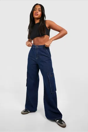 Boohoo Womens Contrast Topstitch Wide Leg Cargo Jeans - Cotton - Size 10 UK