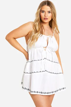 Boohoo Womens Plus Embroidered Linen Look Tiered Halter Neck Mini Dress - Cotton - Size 18 UK