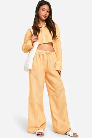 Boohoo Womens Linen Look Stripe Cropped Shirt & Wide Leg Trousers - - Size 14 UK