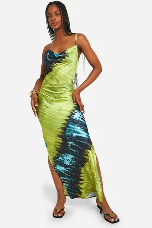 Boohoo Womens Tall Satin Abstract Cowl Neck Maxi Dress - Viscose - Size 16 UK