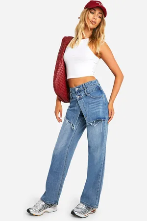 Boohoo Womens 2 In 1 Skirt Overlay Detail Washed Indigo Denim Jeans - Cotton - Size 6 UK