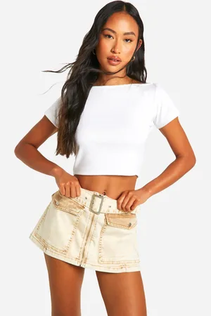 Boohoo Womens Belted Zip Through Patch Pocket Denim Micro Mini Skirt - Cotton - Size 14 UK