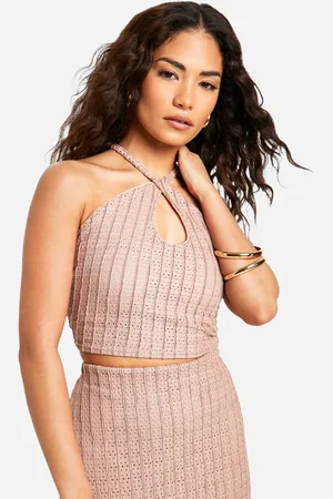 Boohoo Womens Petite Textured Halter Keyhole Crop Top - - Size 16 UK