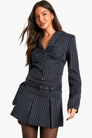 Boohoo Womens Pinstripe Belted Pleated Tailored Mini Skirt - - Size 14 UK