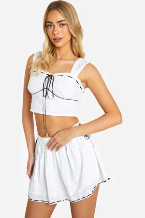 Boohoo Womens Broderie Contrast Bow Crop Top - Cotton - Size 16 UK